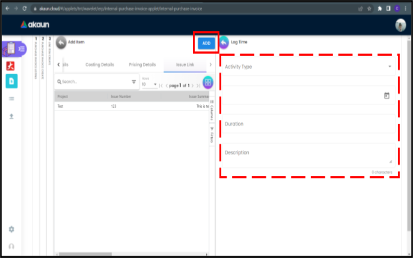 CreatePurchaseInvoice LineItems SelectItem AddItem IssueLink LogTime