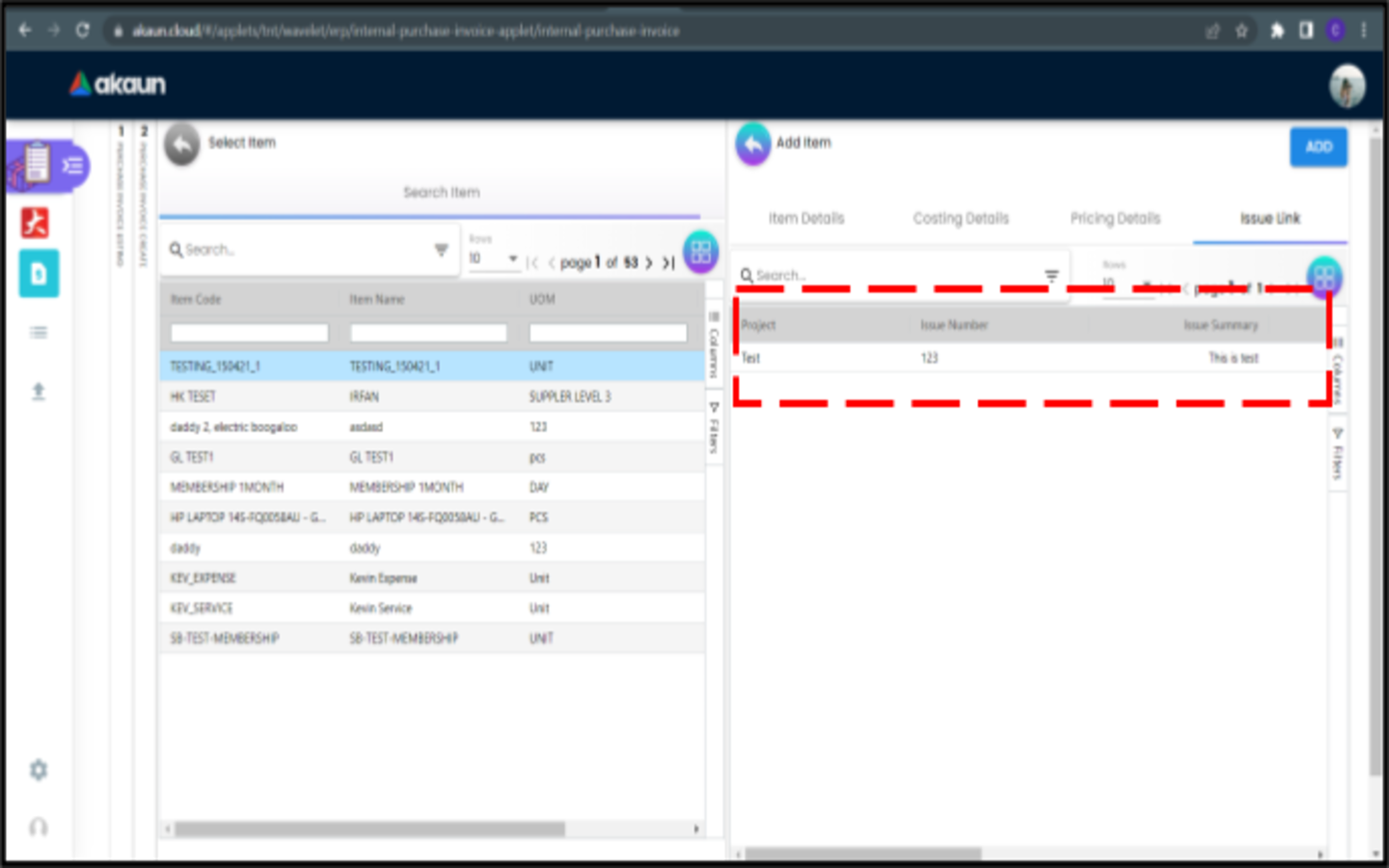 CreatePurchaseInvoice LineItems SelectItem AddItem IssueLink