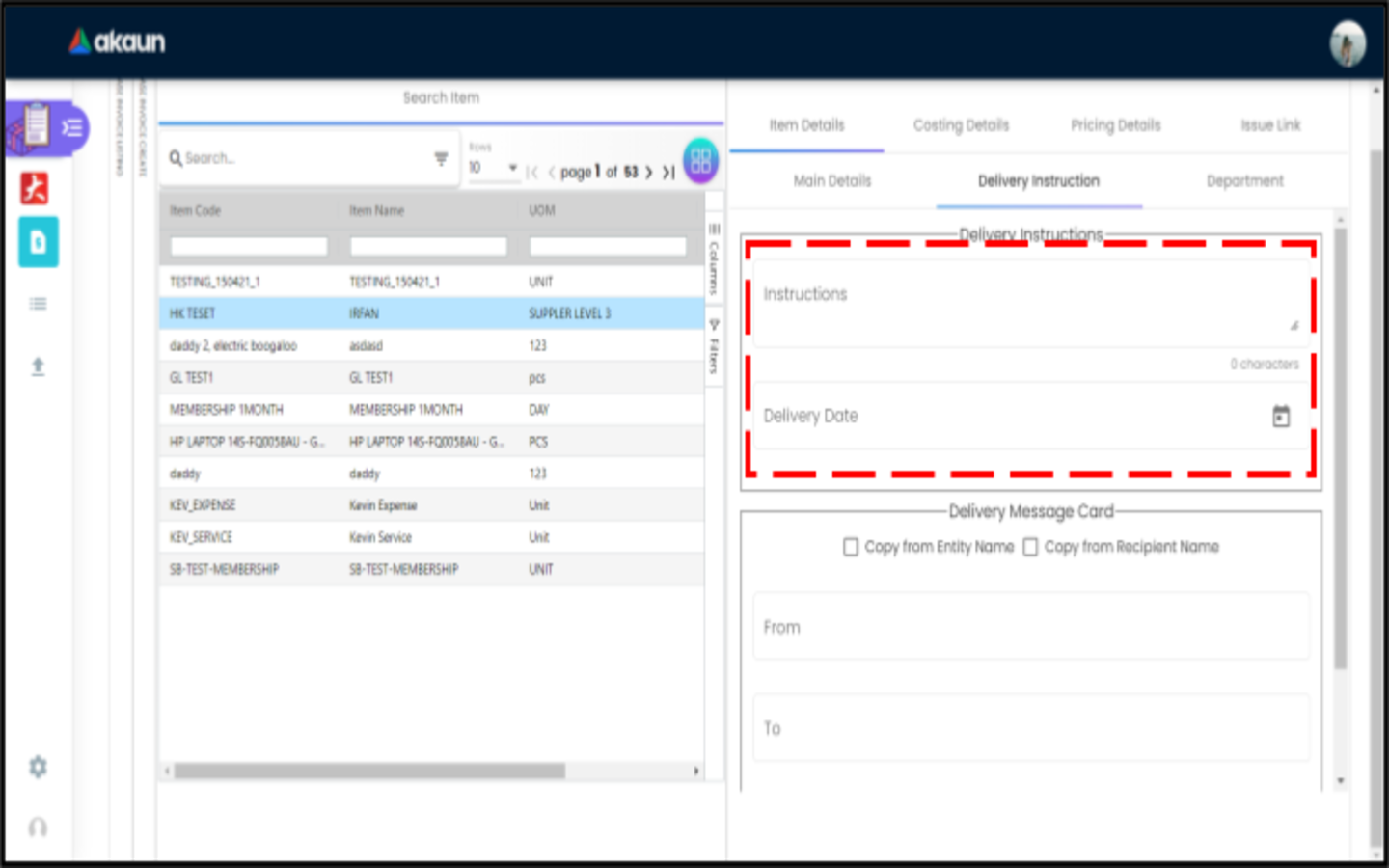 CreatePurchaseInvoice LineItems SelectItem AddItem ItemDetails DeliveryInstruction 1
