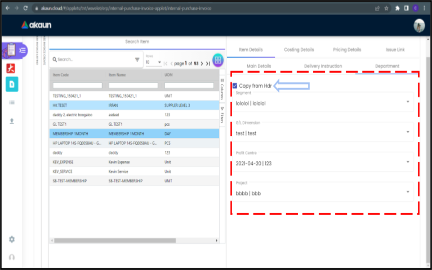 CreatePurchaseInvoice LineItems SelectItem AddItem ItemDetails Department