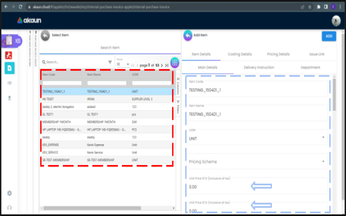 CreatePurchaseInvoice LineItems SelectItem AddItem ItemDetails MainDetails 1
