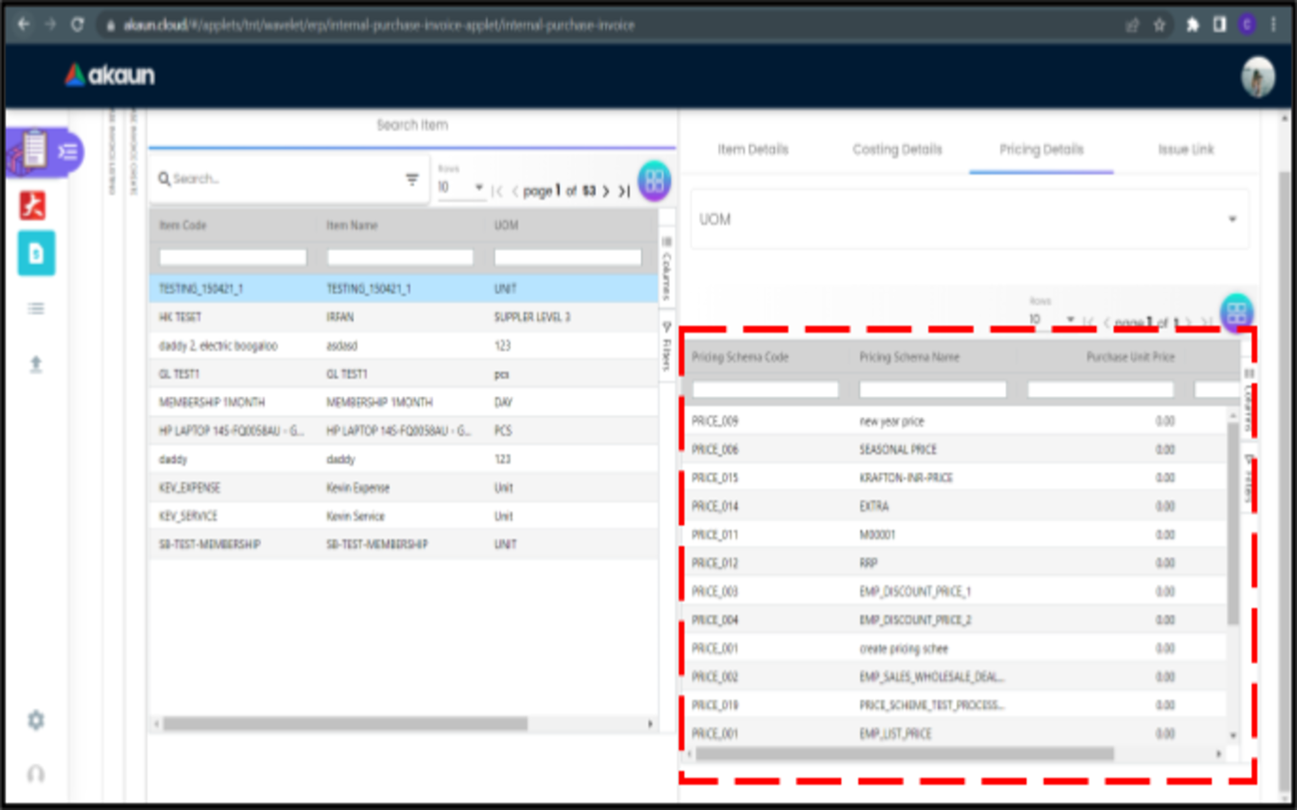 CreatePurchaseInvoice LineItems SelectItem AddItem PricingDetails