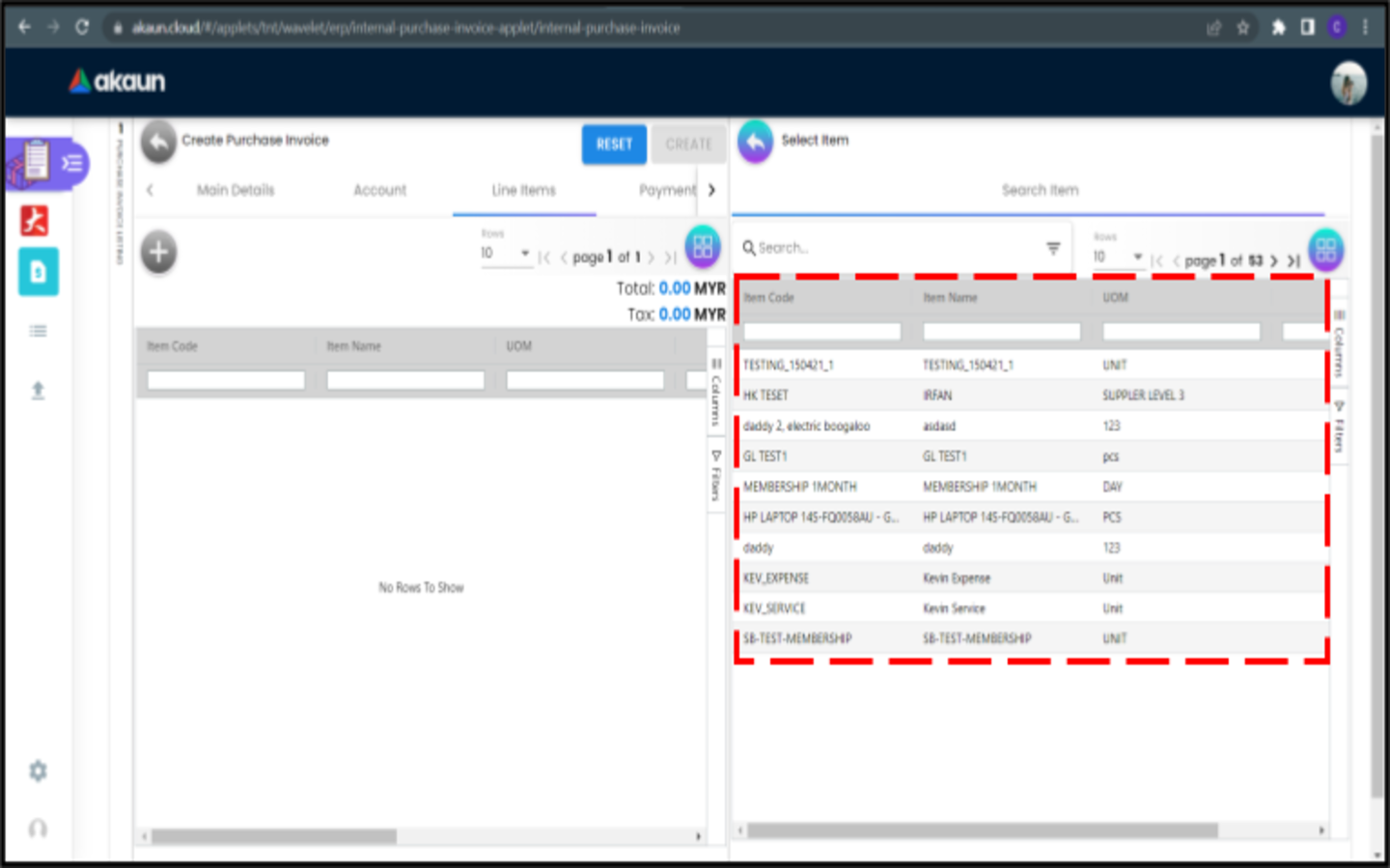 CreatePurchaseInvoice LineItems SelectItem