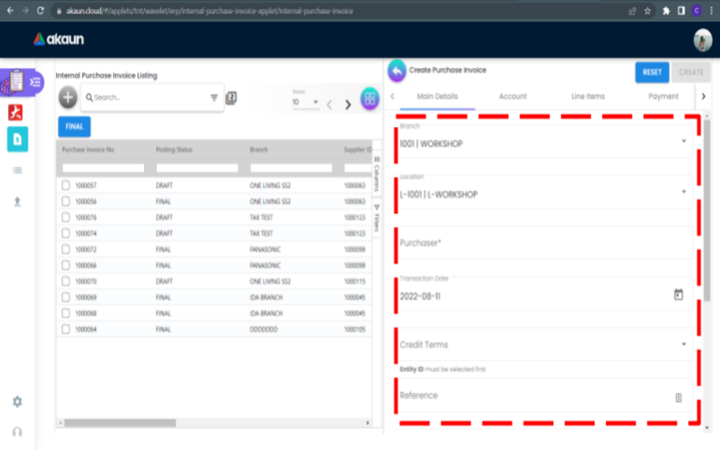 CreatePurchaseInvoice MainDetails 1