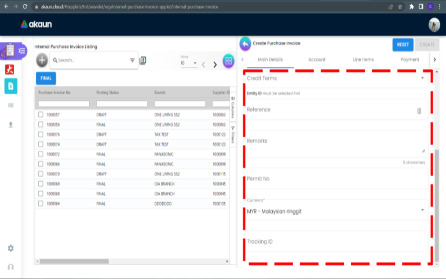 CreatePurchaseInvoice MainDetails 2