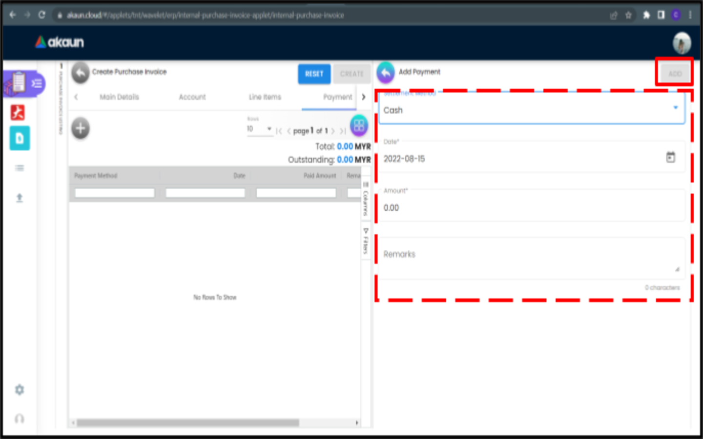 CreatePurchaseInvoice Payment AddPayment(Cash)