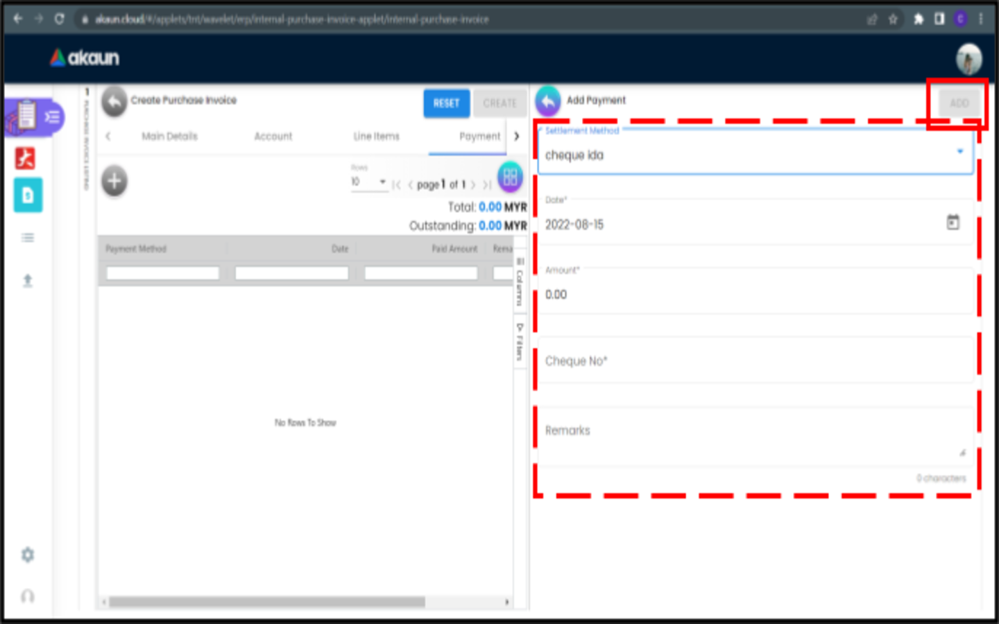 CreatePurchaseInvoice Payment AddPayment(Cheque)