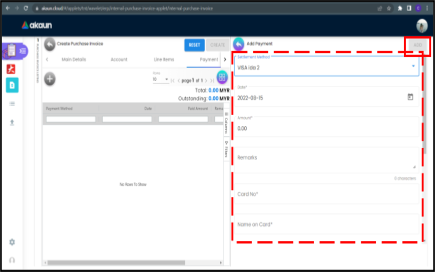 CreatePurchaseInvoice Payment AddPayment(CreditCard)