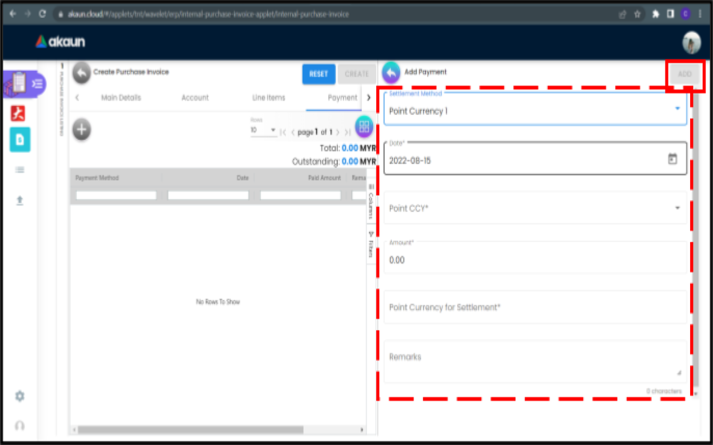 CreatePurchaseInvoice Payment AddPayment(MembershipPointCurrency)