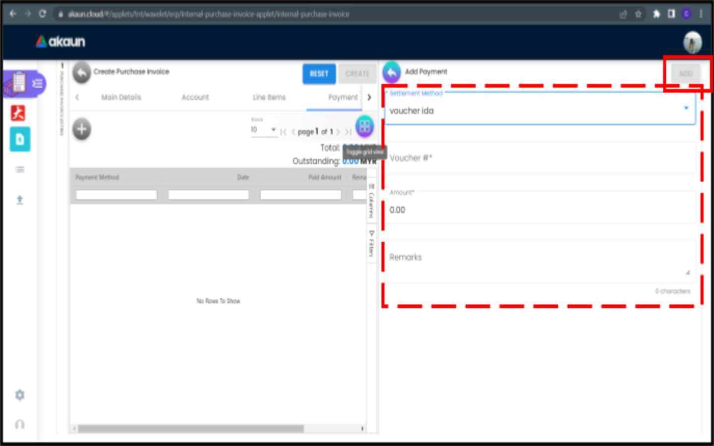 CreatePurchaseInvoice Payment AddPayment(Voucher)