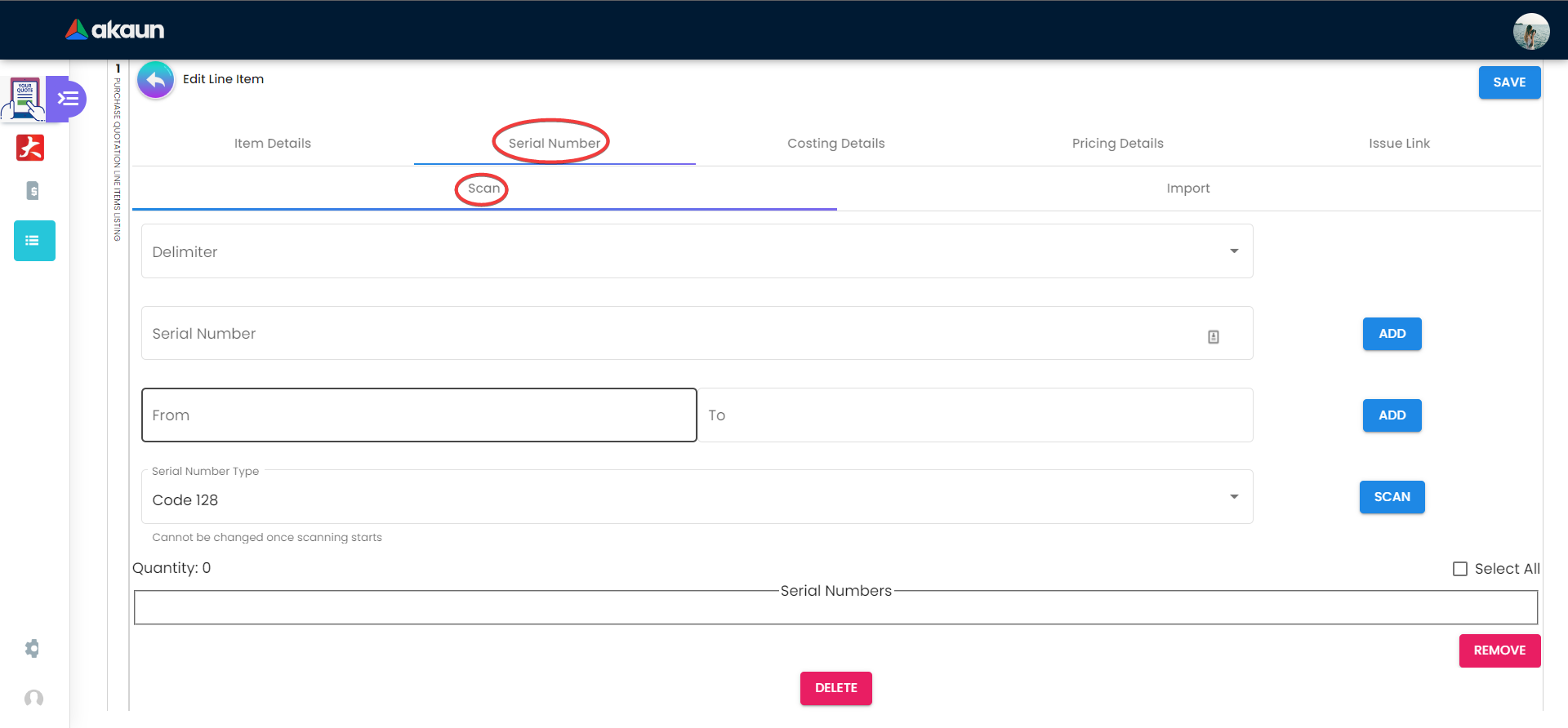 Edit Line Item - Serial Number - Scan
