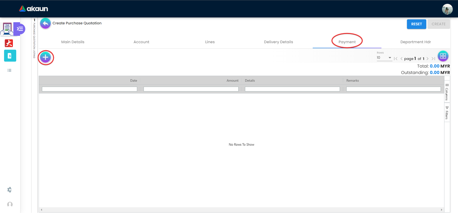Internal Purchase Quotation - Payment Tab