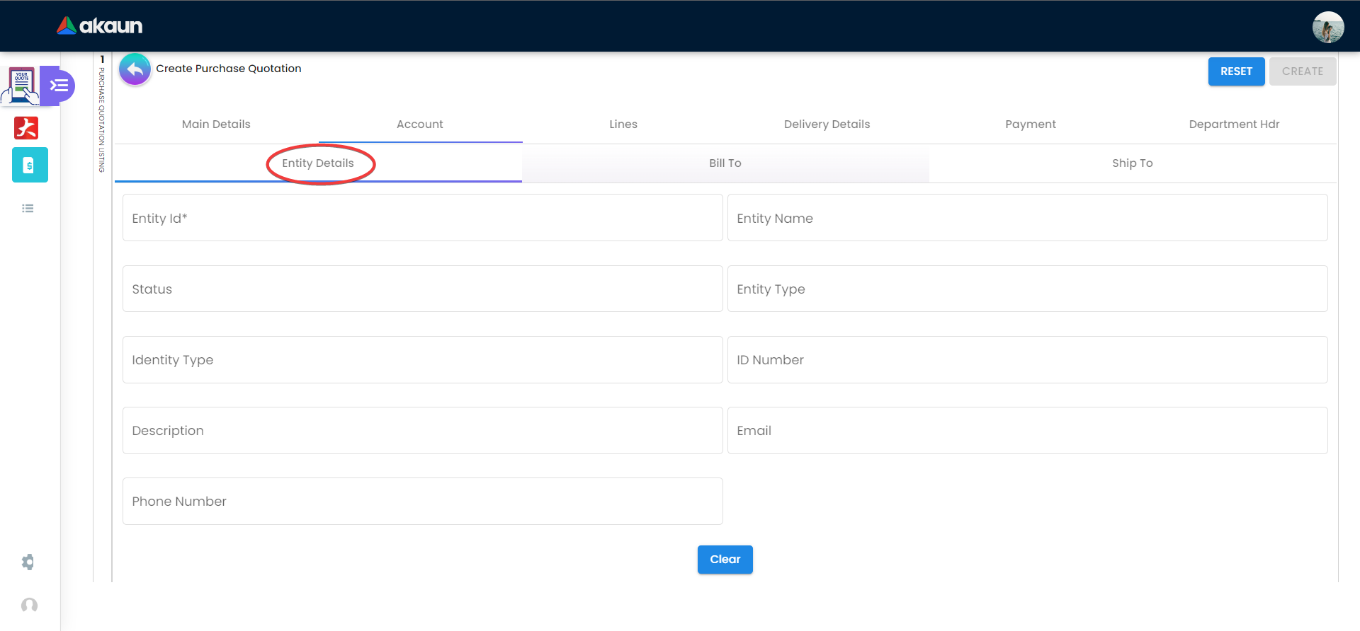 Internal Purchase Quotation - Account Tab - Entity Details
