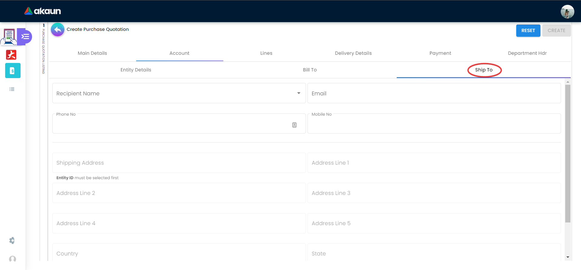 Internal Purchase Quotation - Account Tab - Bill To