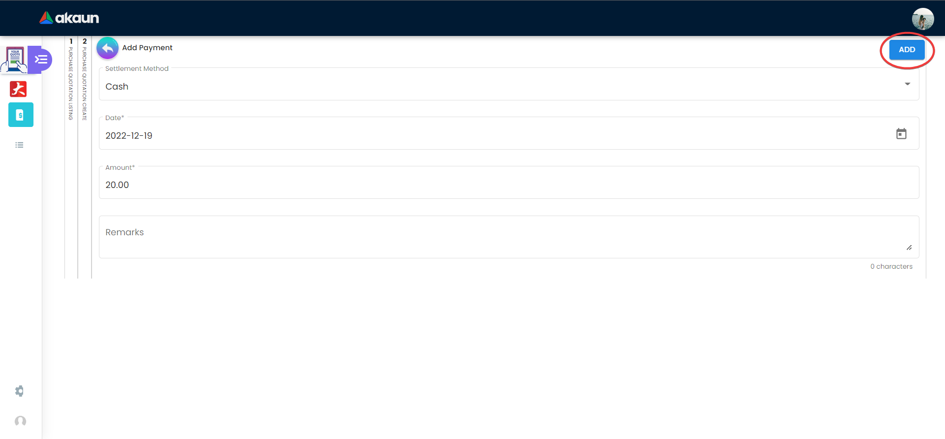 Internal Purchase Quotation - Add Payment Tab