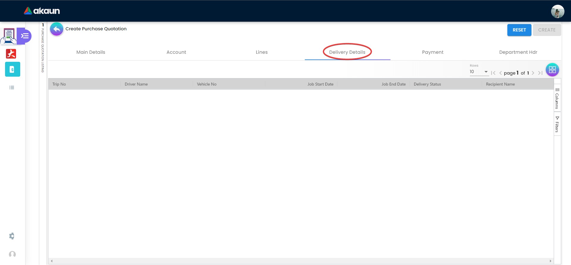 Internal Purchase Quotation - Delivery Details Tab