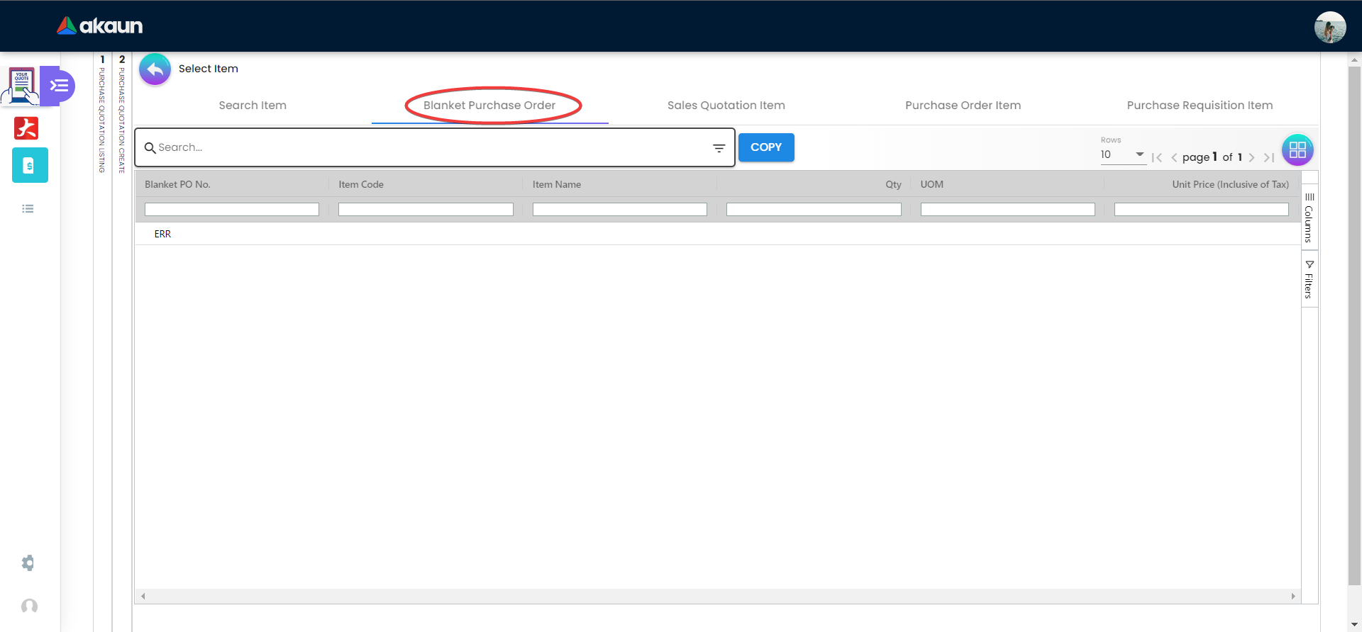 Internal Purchase Quotation - Line Tab - Blanket Purchase Order