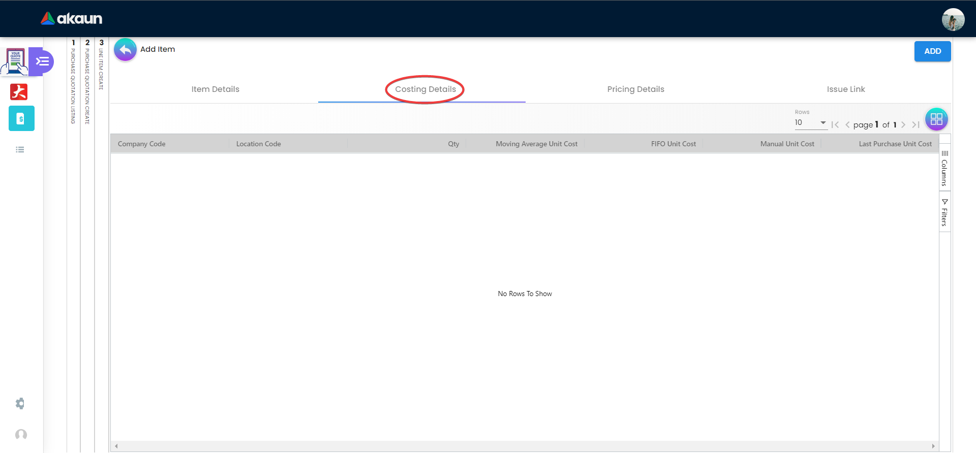 Internal Purchase Quotation - Line Tab - Costing Details
