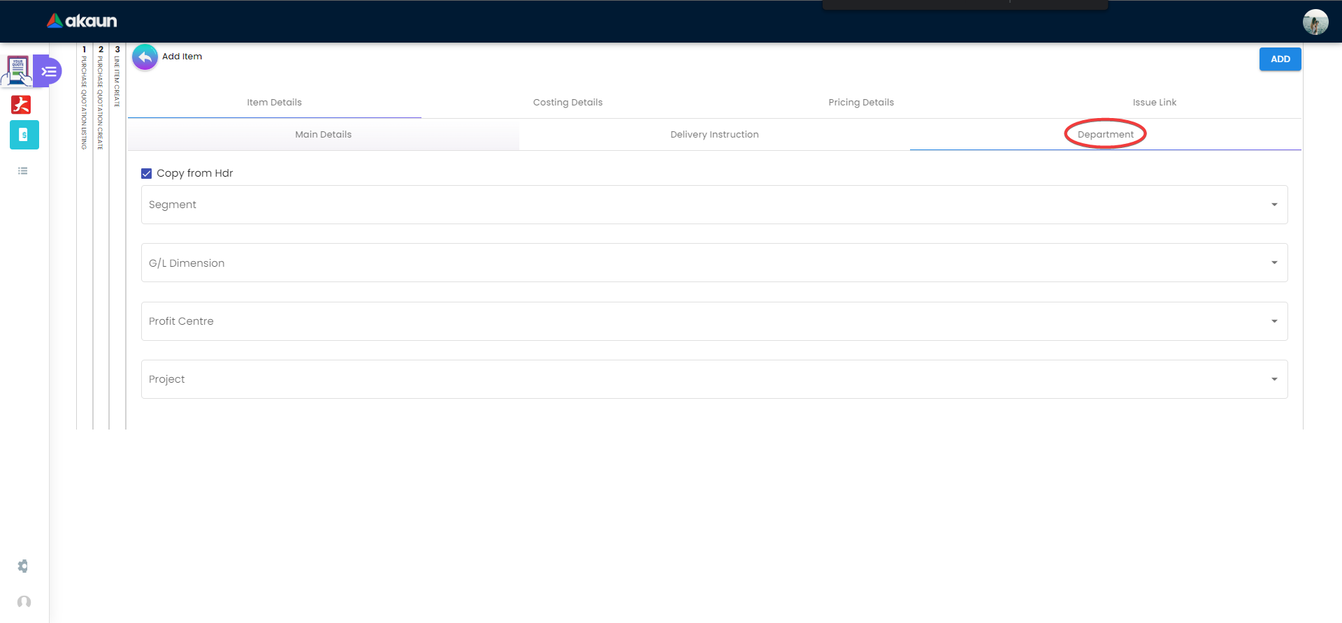 Internal Purchase Quotation - Line Tab - Item Details - Department
