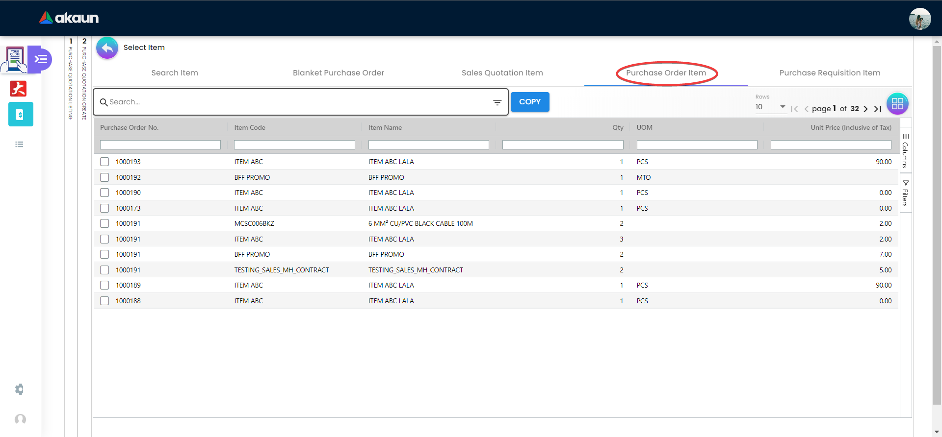 Internal Purchase Quotation - Line Tab - Purchase Order Item