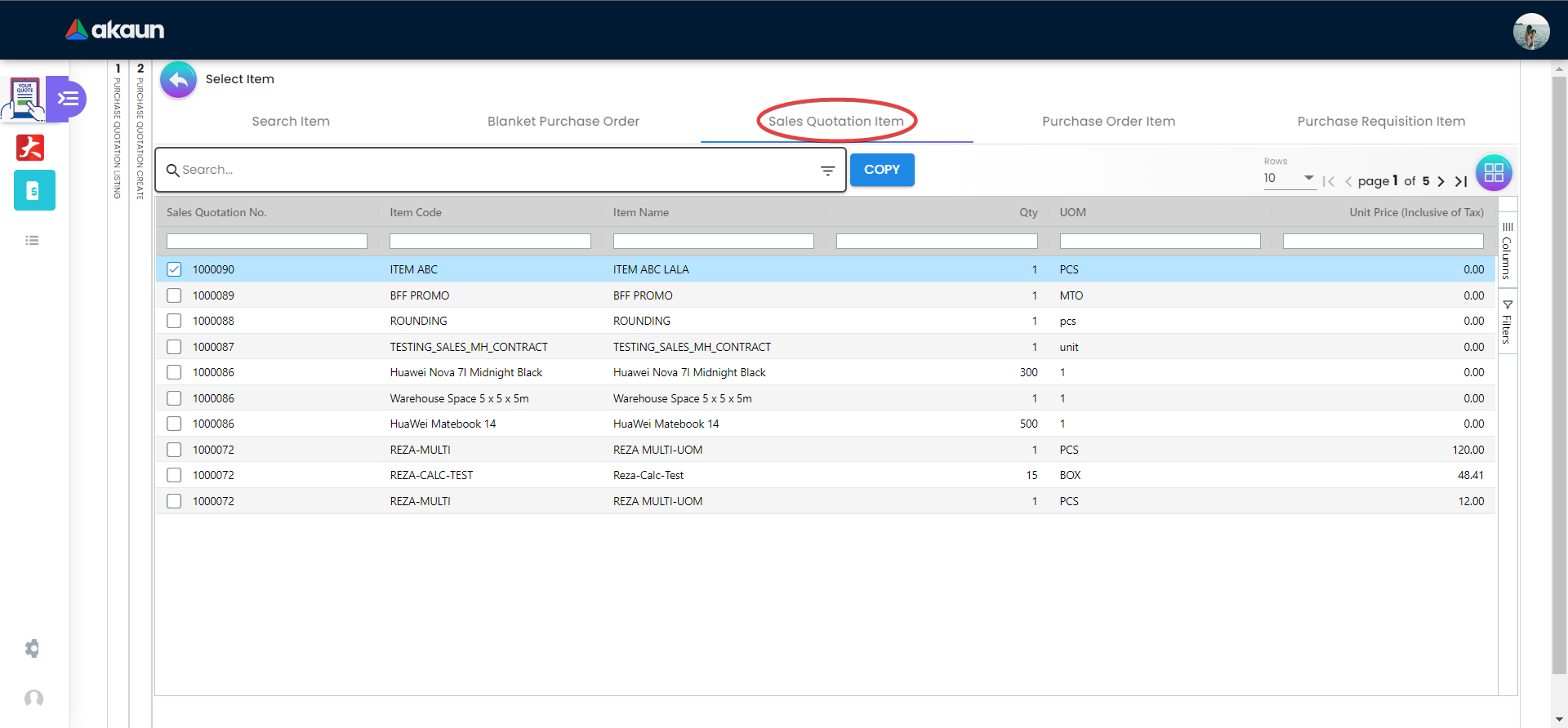 Internal Purchase Quotation - Line Tab - Sales Quotation Item