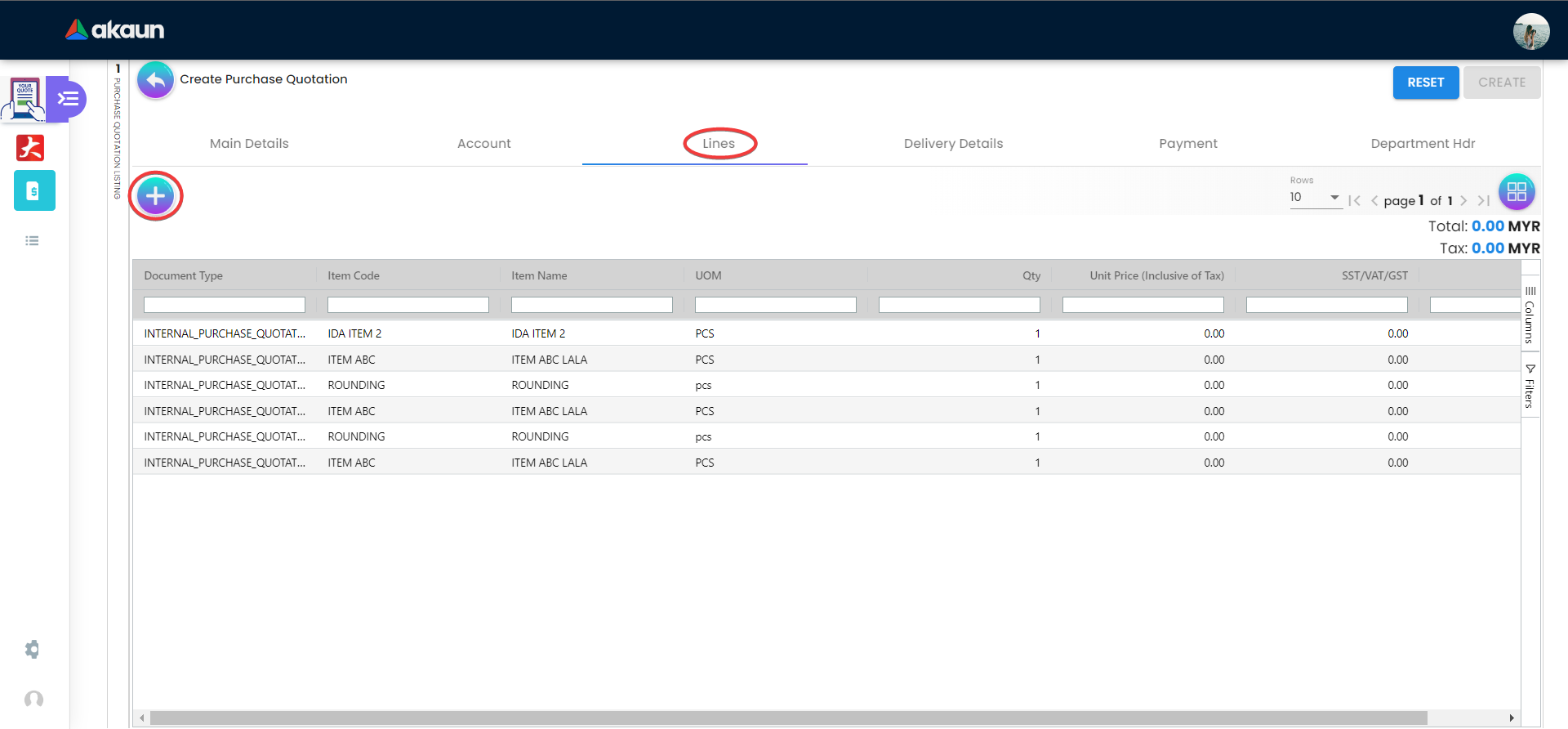 Internal Purchase Quotation - Line Tab