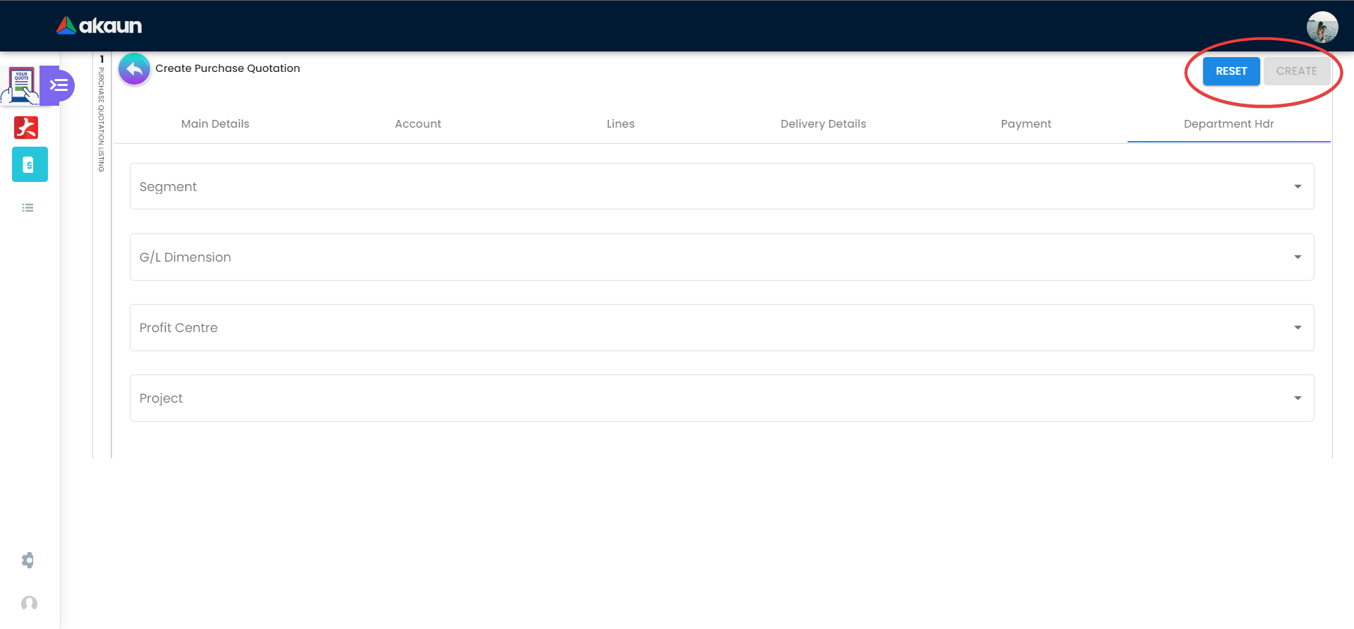 Internal Purchase Quotation - Resetand and Create Button