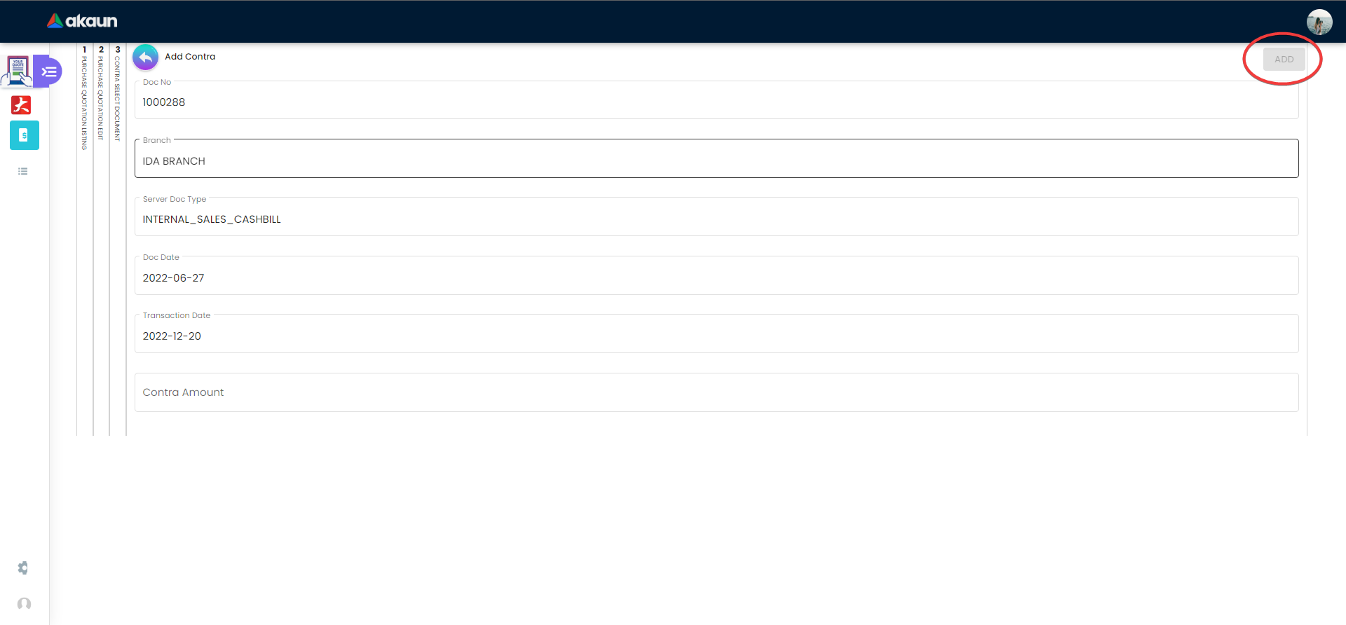View Internal Purchase Quotation - Add Contra