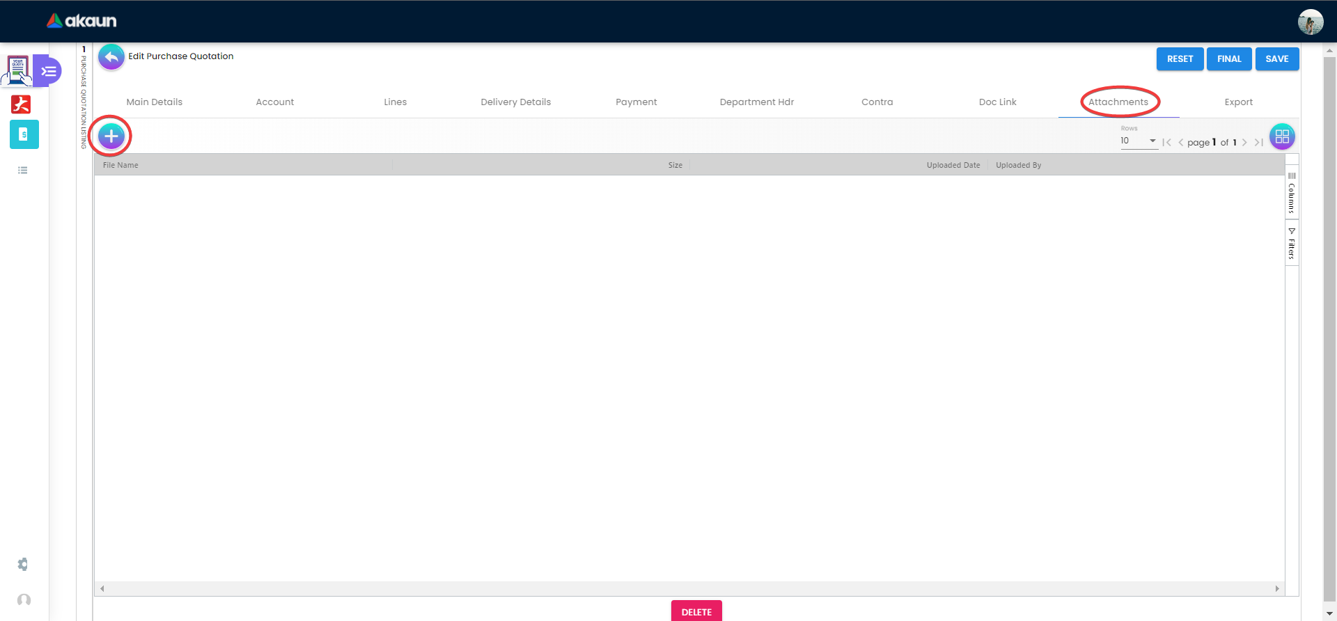 View Internal Purchase Quotation - Attachments