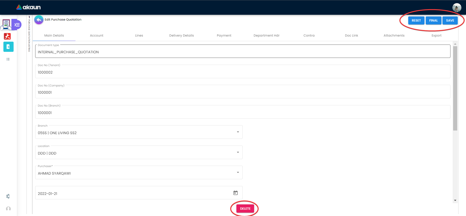 View Internal Purchase Quotation - Button