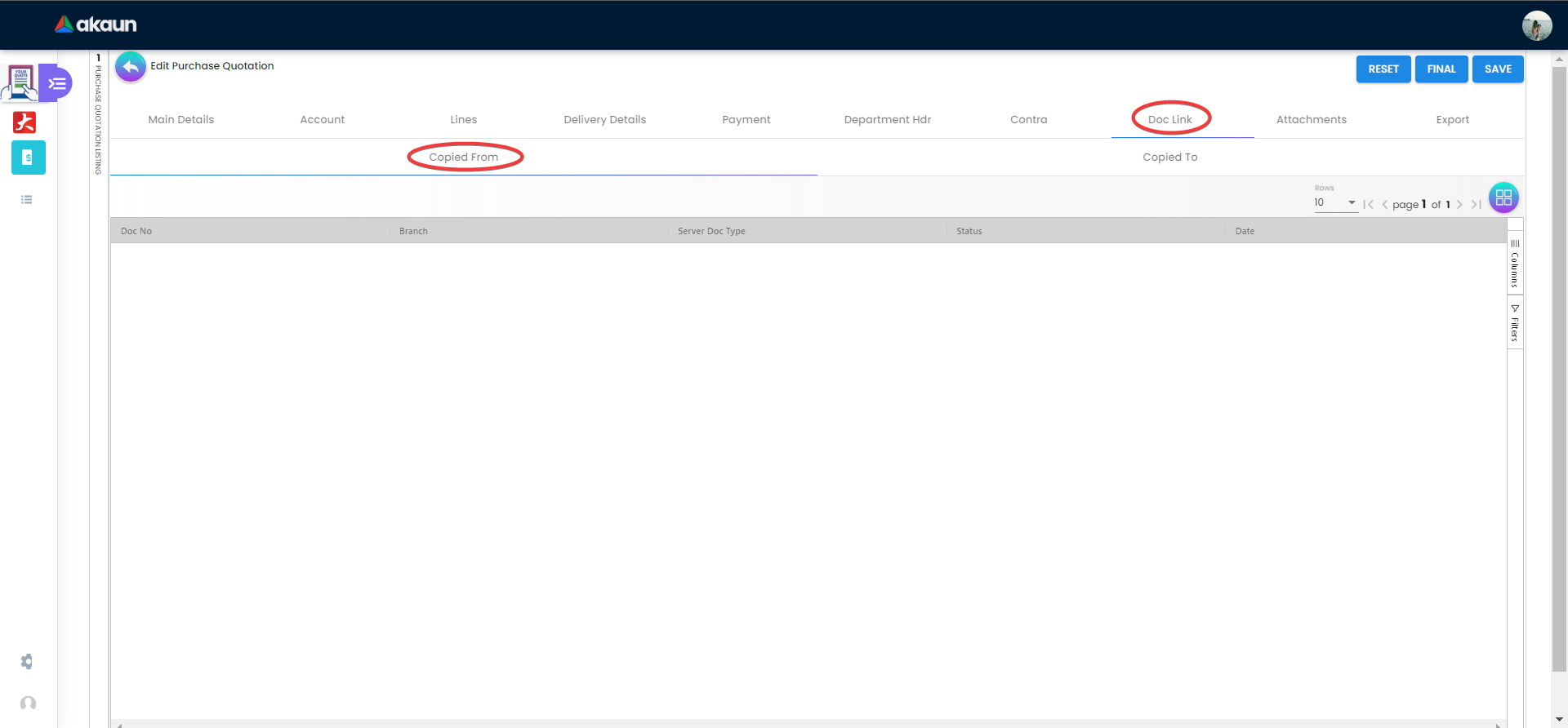 View Internal Purchase Quotation - Doc Link - Copied From