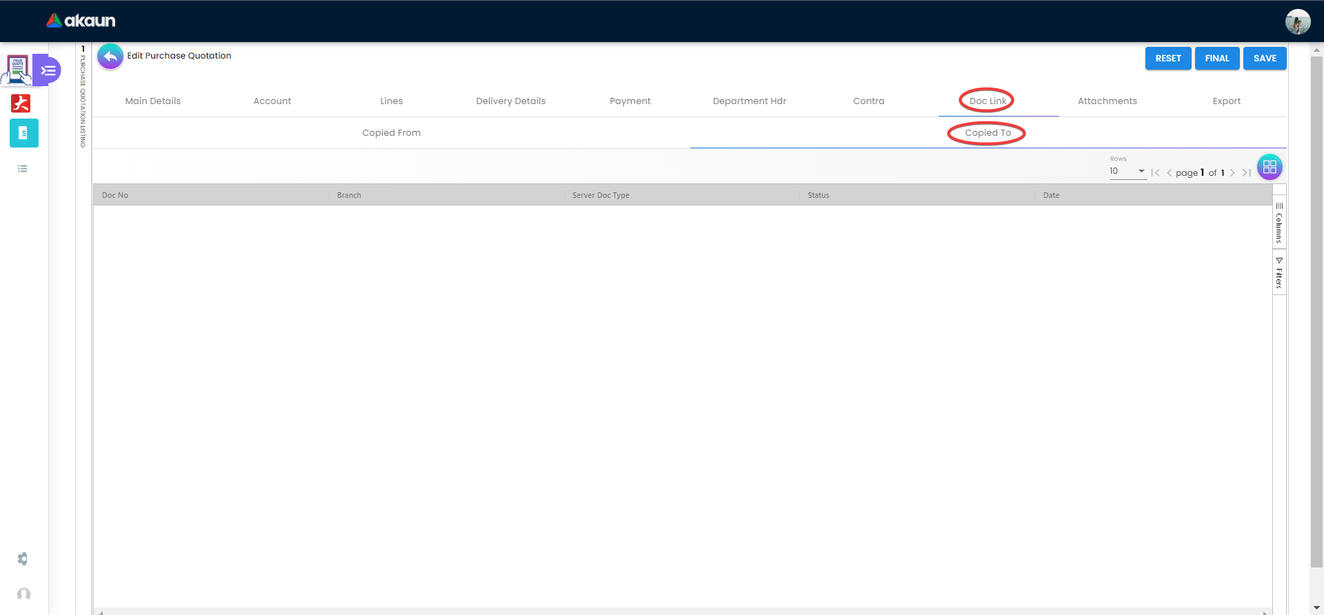 View Internal Purchase Quotation - Doc Link - Copied To