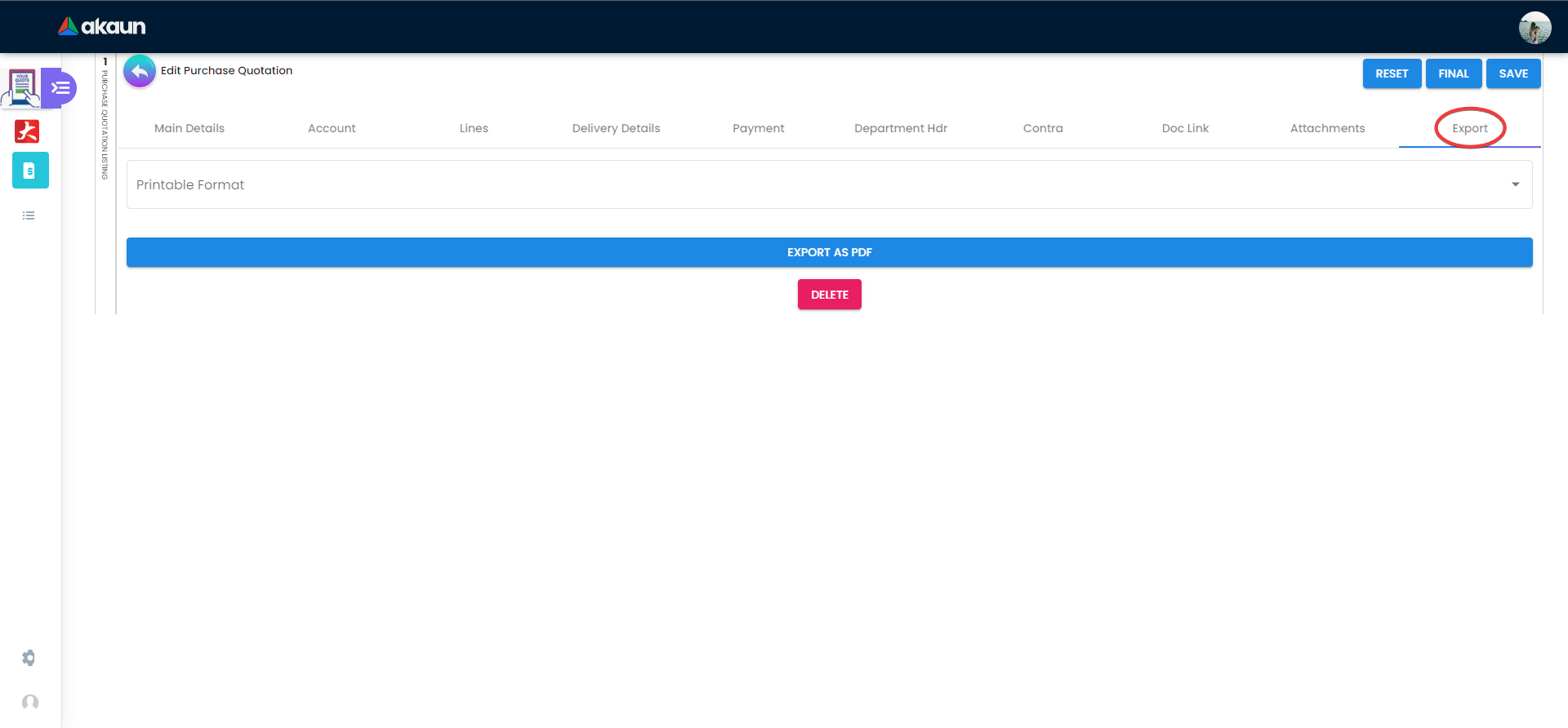 View Internal Purchase Quotation - Export