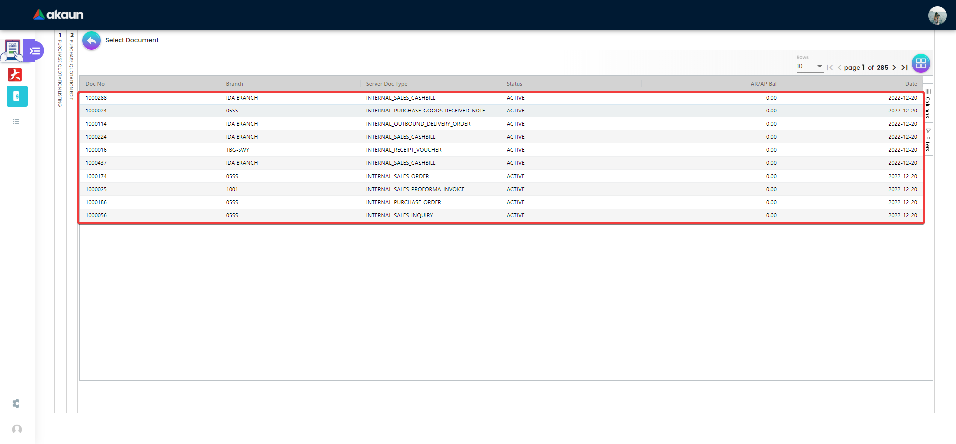 View Internal Purchase Quotation - Select Contra