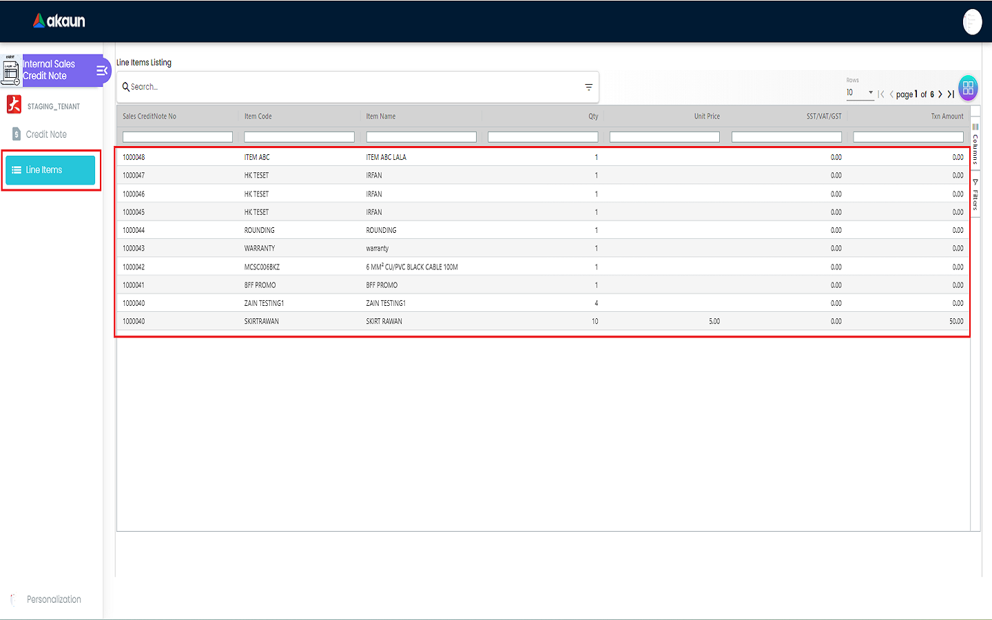Line Items Listing