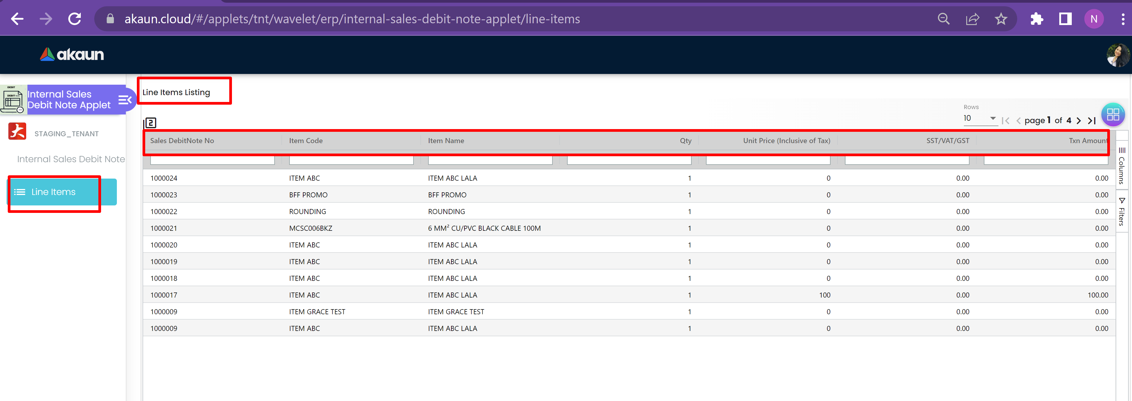 Line Item Listing