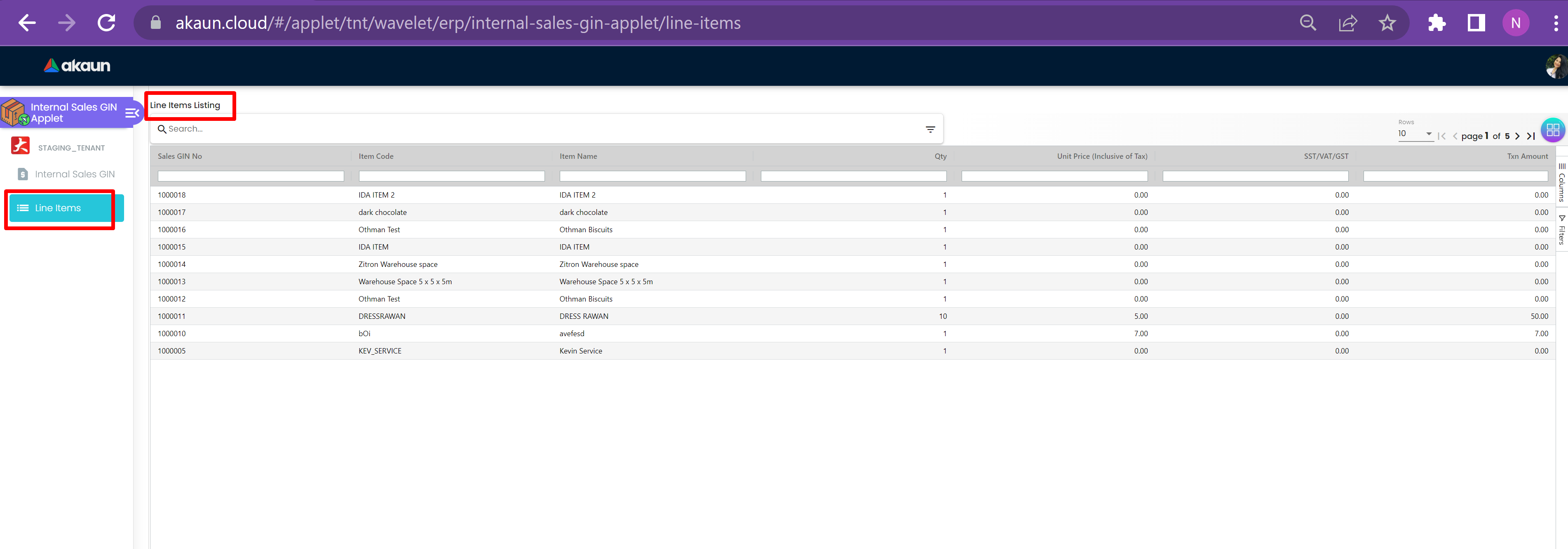 Line Item Listing