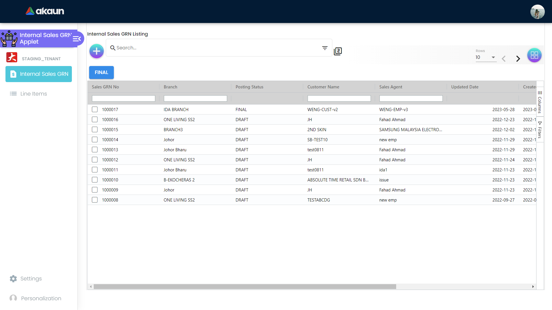 Internal Sales GRN Listing