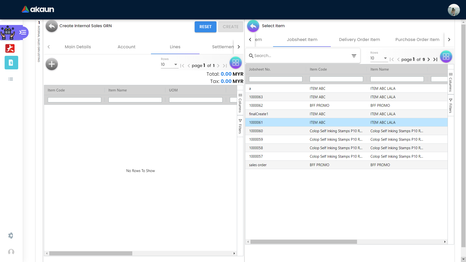 Create Jobsheet Item