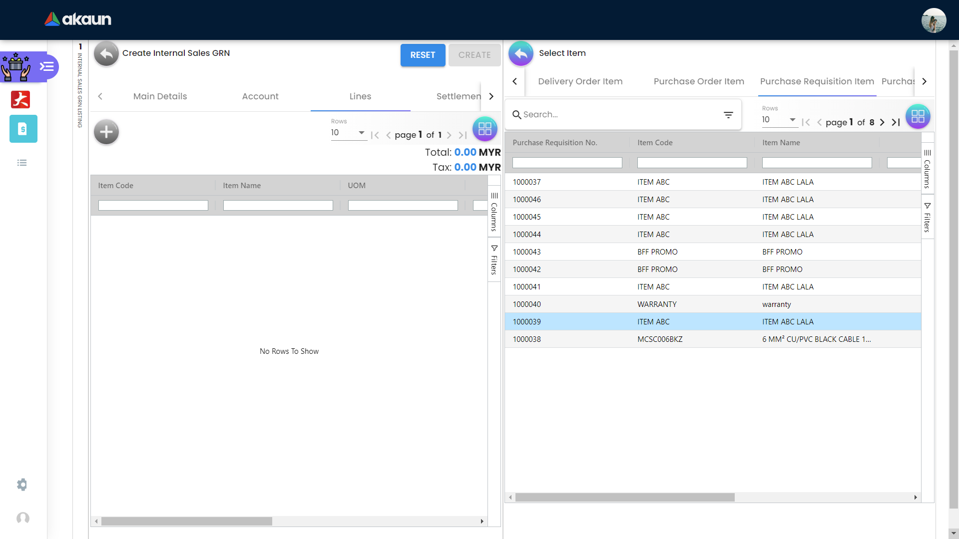 Create Purchase Requisition Item