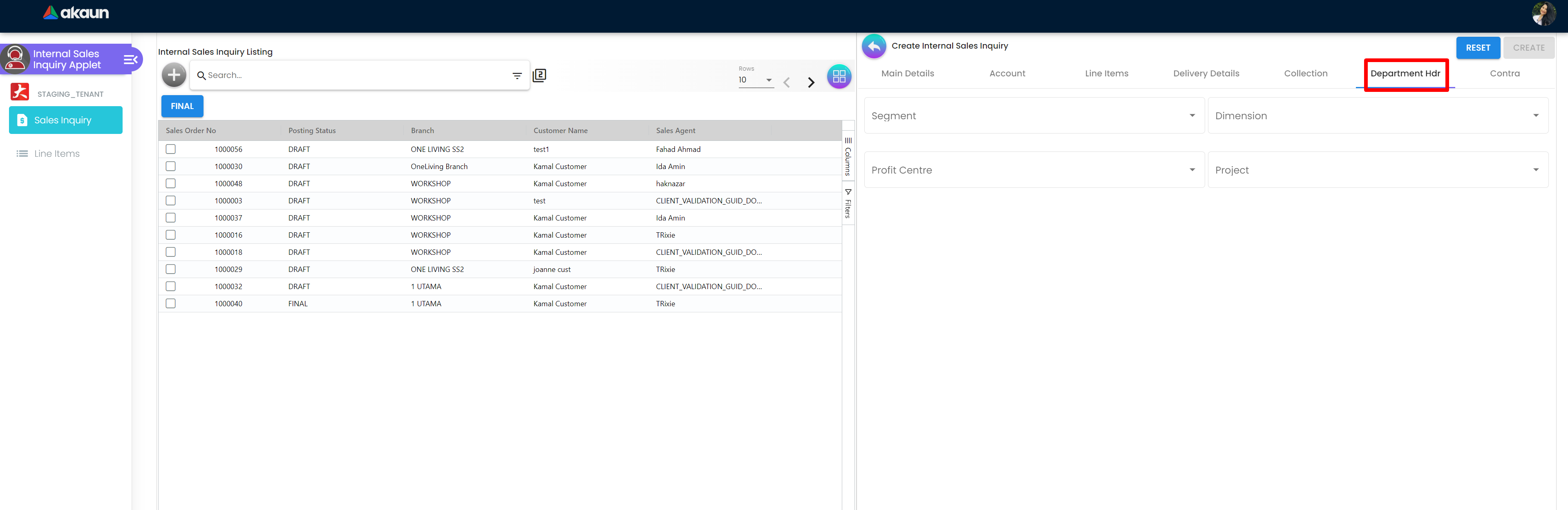 InternalSalesInquiryApplet-Create-DepartmentHdr