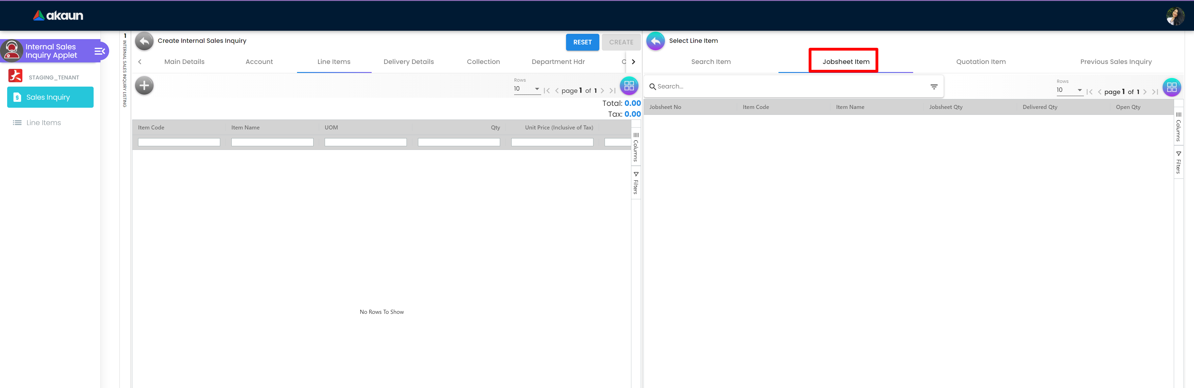 InternalSalesInquiryApplet-Create-SelectLineItem-JobsheetItem