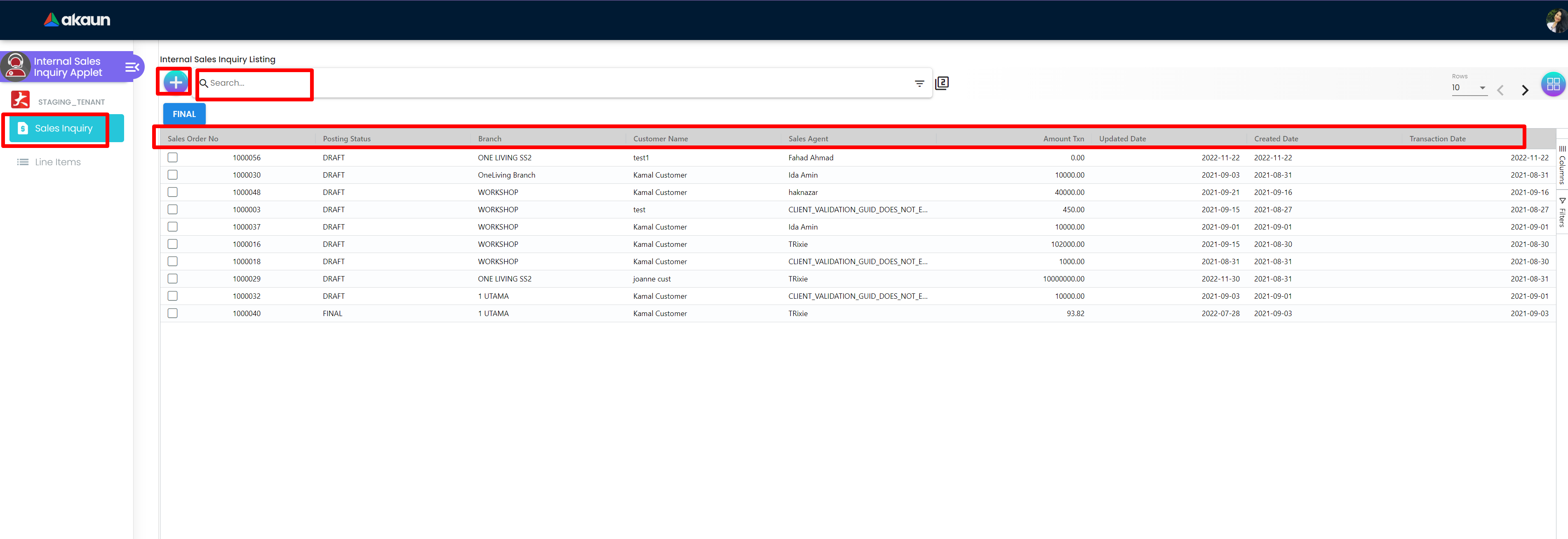 InternalSalesInquiryApplet-Listing