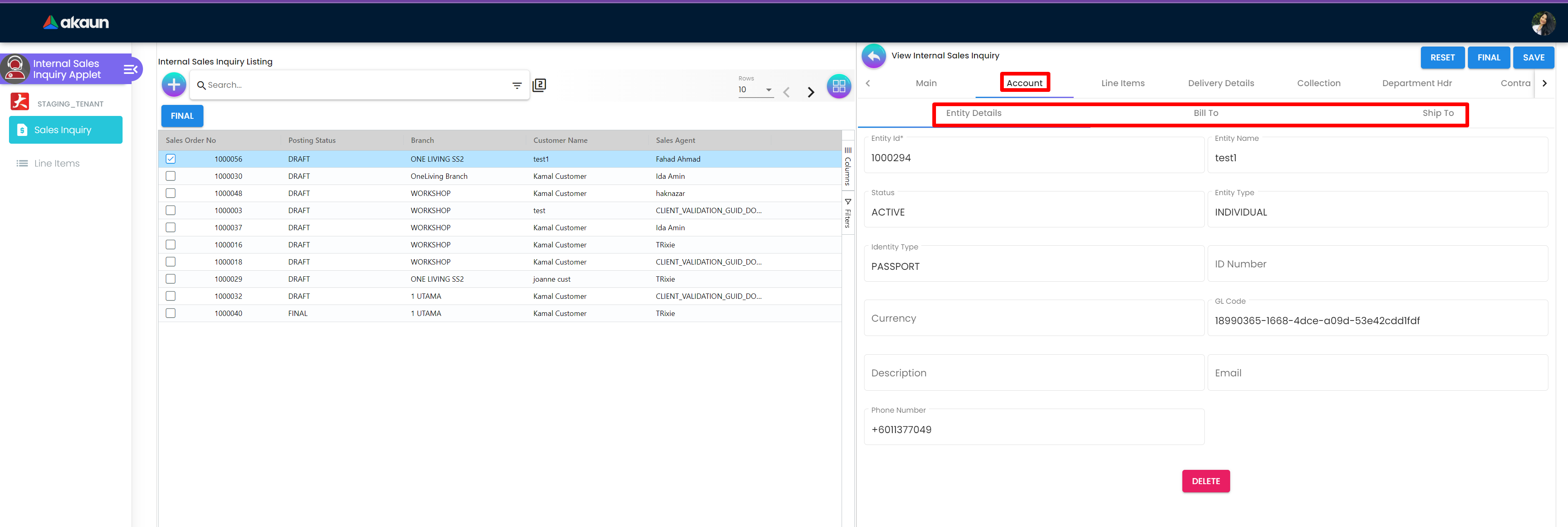 InternalSalesInquiryApplet-View-Account