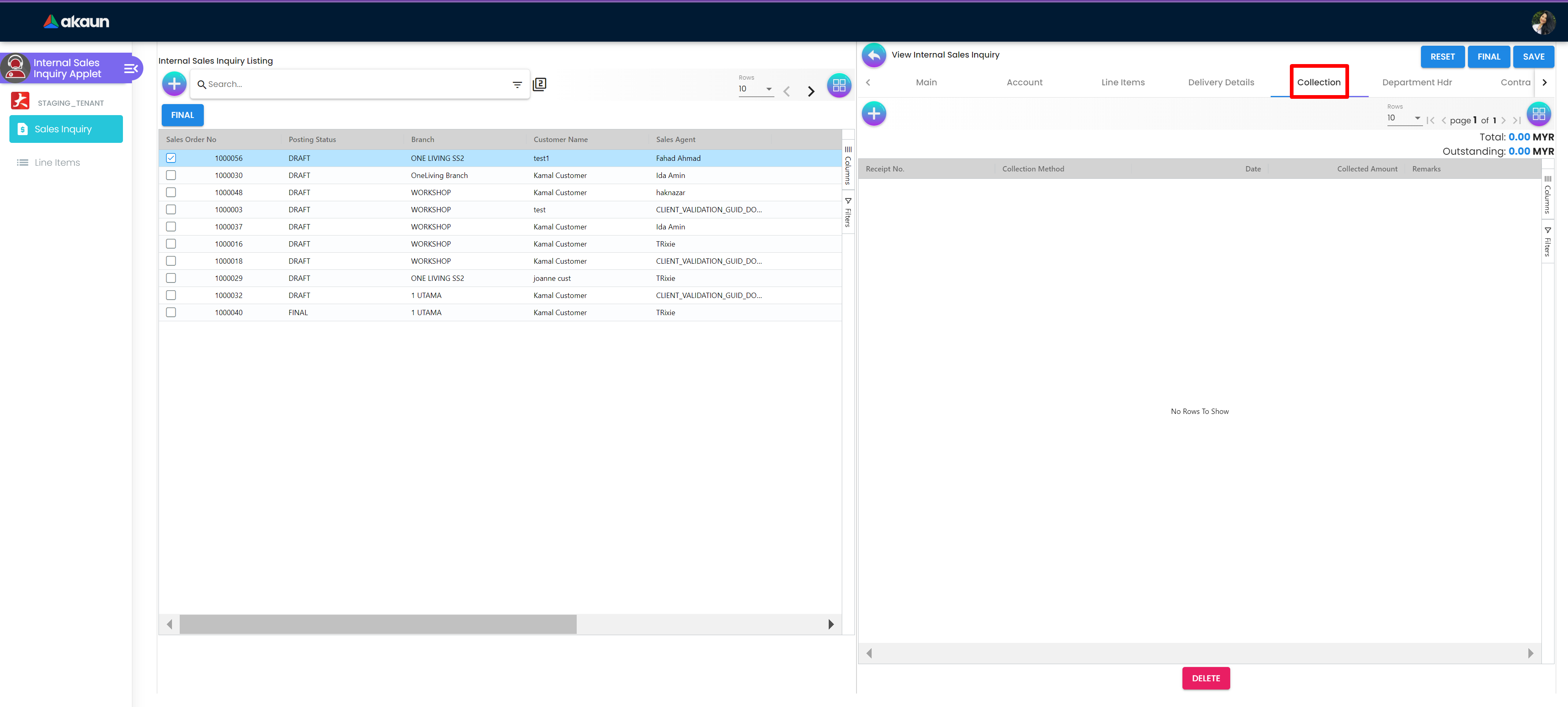 InternalSalesInquiryApplet-View-Collection