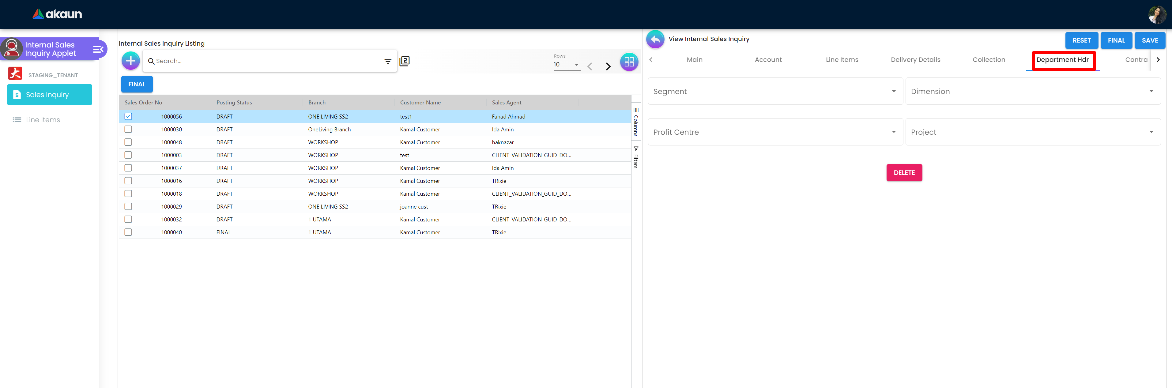 InternalSalesInquiryApplet-View-DepartmentHdr