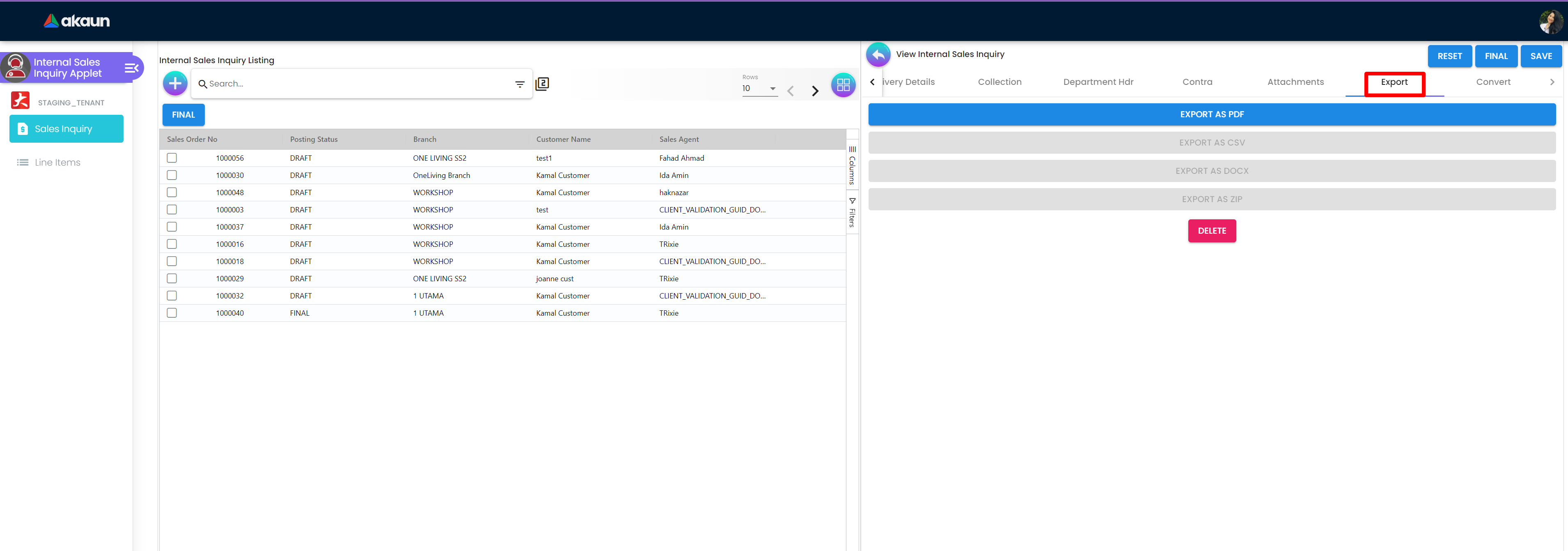 InternalSalesInquiryApplet-View-Export