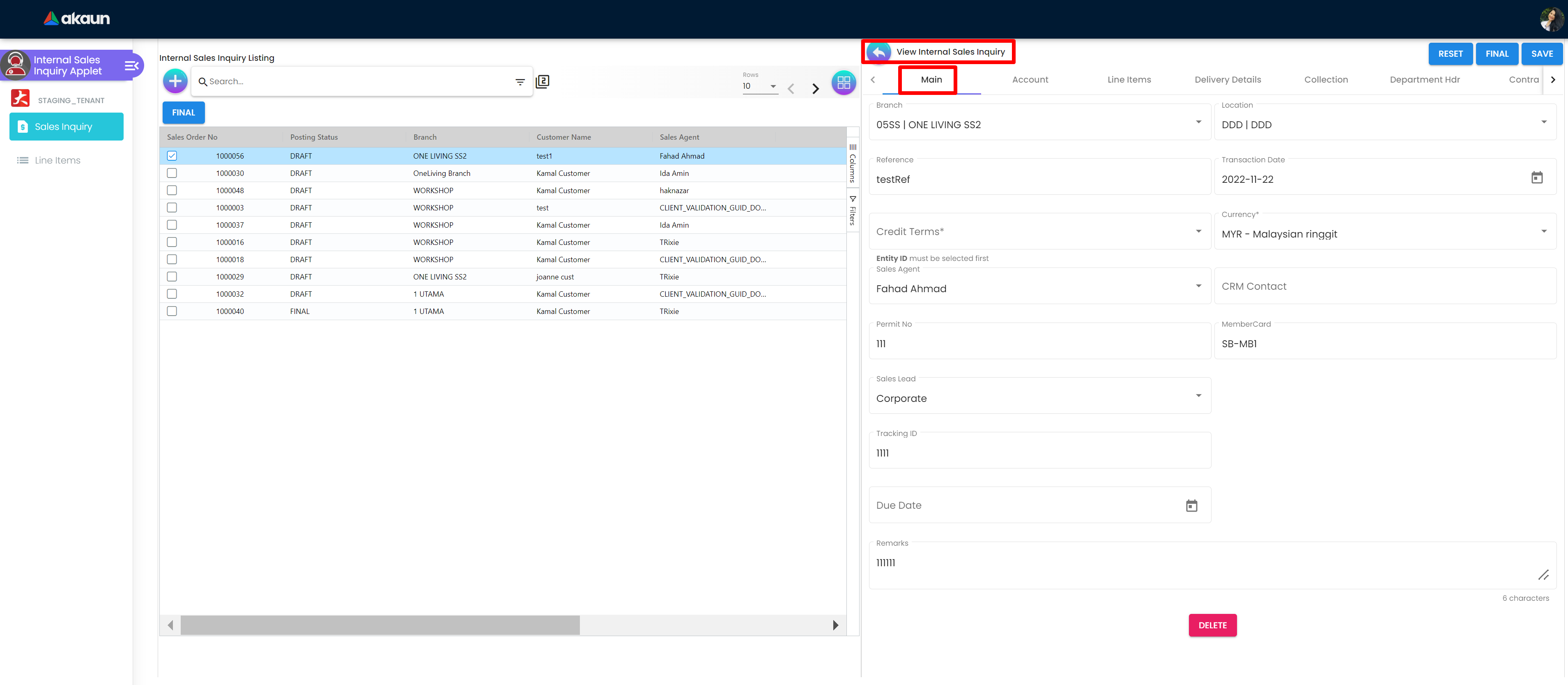 InternalSalesInquiryApplet-View-Main