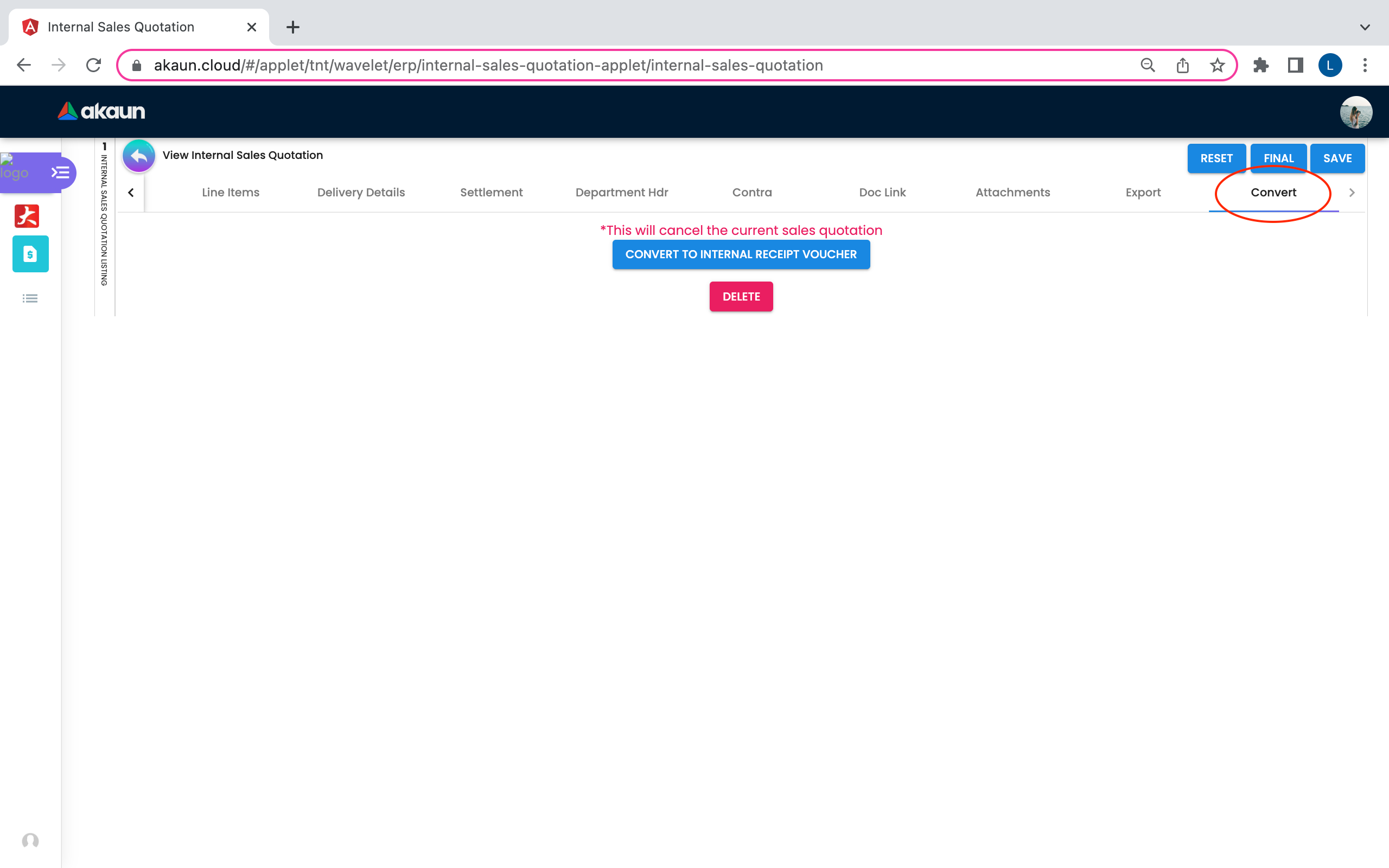 ViewInternalSalesQuotation Convert