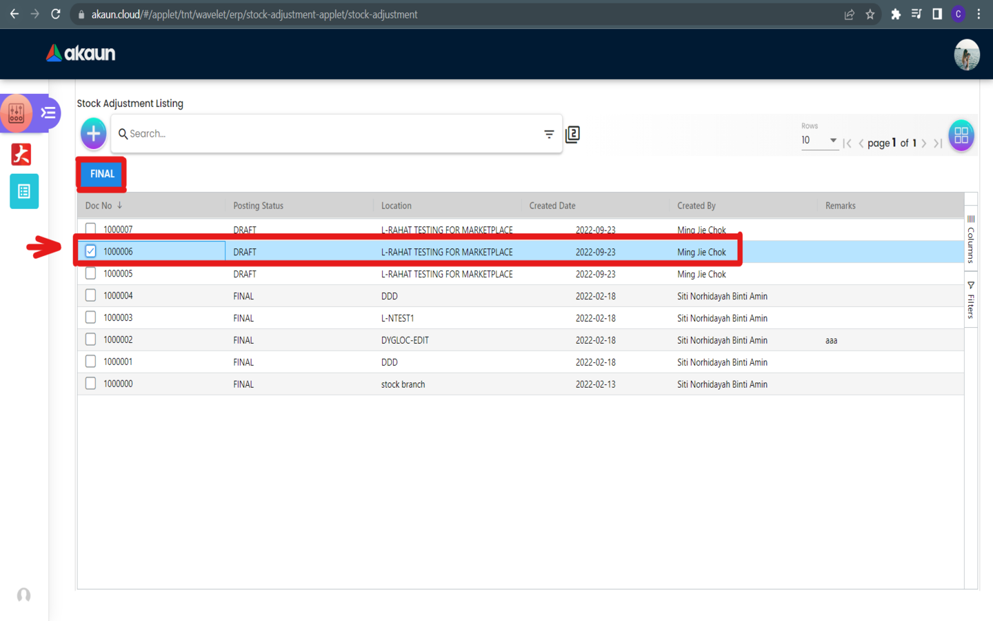 StockAdjustmentListing PostingStatus 1